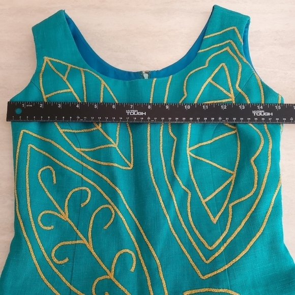 Santa Fe Sheath Dress Womens 6 Aqua Green Ramie Gold Embroidered Leaves Tropical - Picture 4 of 13